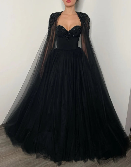 Black Beaded Glitter A-line Wedding Dress Elegant Detachable Shawl Custom Dresses Sexy Heart Shaped Neck vestido feminino