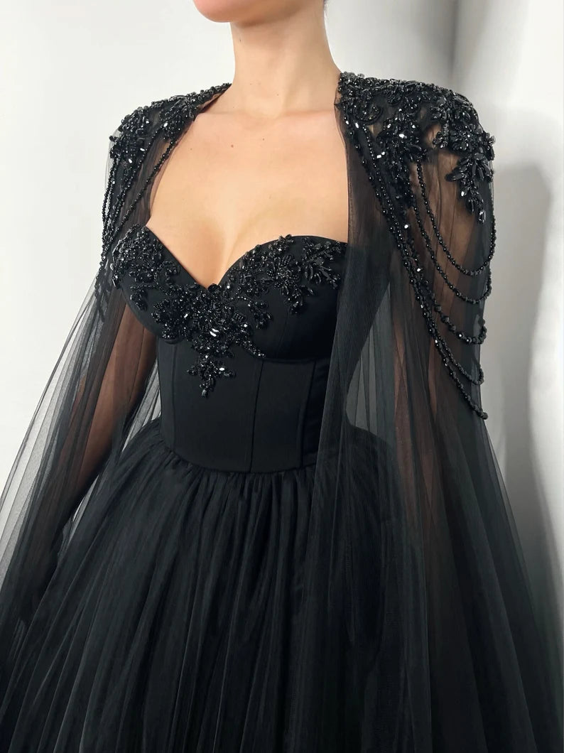 Black Beaded Glitter A-line Wedding Dress Elegant Detachable Shawl Custom Dresses Sexy Heart Shaped Neck vestido feminino