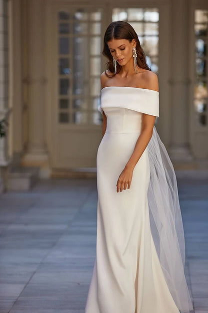 Elegant Off Shoulder Backless Mermaid Wedding Dress For Women Simple Crepe Sweep Train Minimalism Bridal Gown