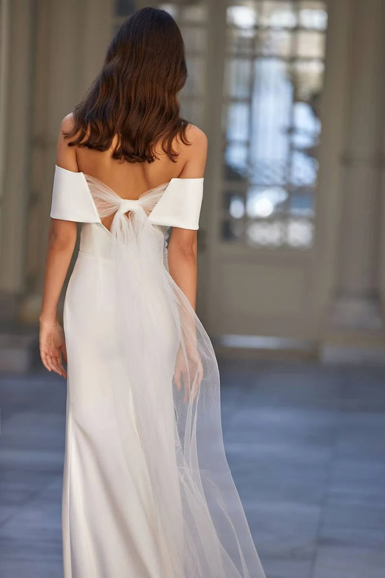 Vestido de novia elegante de sirena con hombros descubiertos y espalda descubierta para mujer vestido de novia minimalista con tren de barrido de crepé sencillo