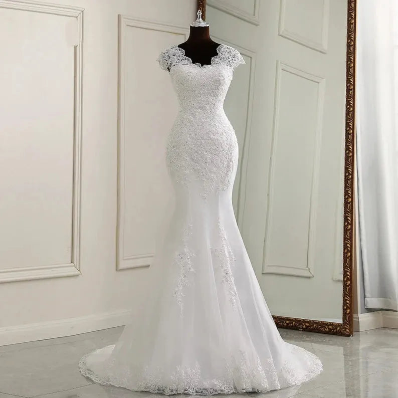 Elegant dresses Mermaid Wedding Dress cap sleeves style Lace Appliques Bridal Gowns Modern Vestidos De Noiva white elegant dress White 20w