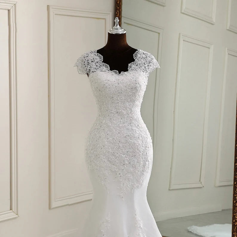 Abiti eleganti sirened abito da sposa berretto maniche in stile appliques in pizzo abiti da sposa moderni vestidos de noiva abito bianco elegante