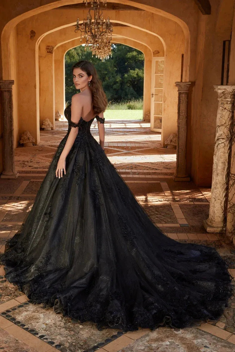 Shiny Black Off The Shoulder Wedding Gown Gothic Black Tull Sweep Train Wedding Dress Gothic Lace Embroidery Bride Gown Black