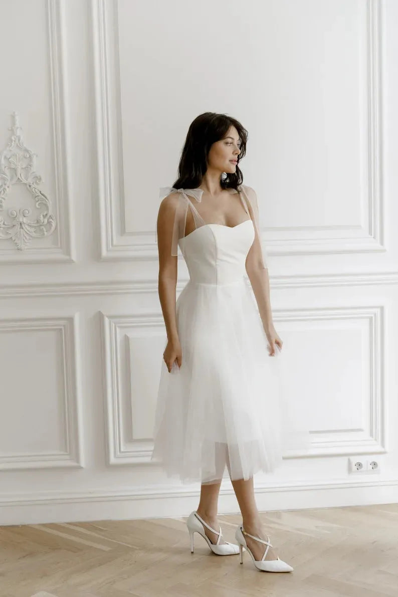 A-Line Midi Wedding Party Dresses for Women Bow Straps Sweetheart Prom Gowns for Brides Tea-Length Bridals Evening Dress 26W