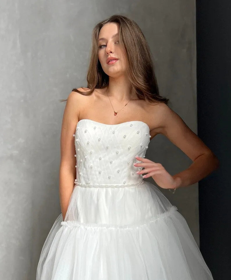 A-Line Short Wedding Party Dresses Sweetheart Pearls Brides Party Gowns for Women vestidos de novia Lace Up Cocktail Gowns Ivory