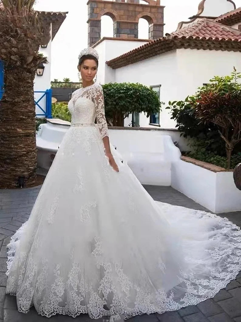 Gorgeous Tulle Jewel Neckline A-line Wedding Dress With Fully Lace Appliques Beadings Belt 3/4 Sleeves Bridal Gowns