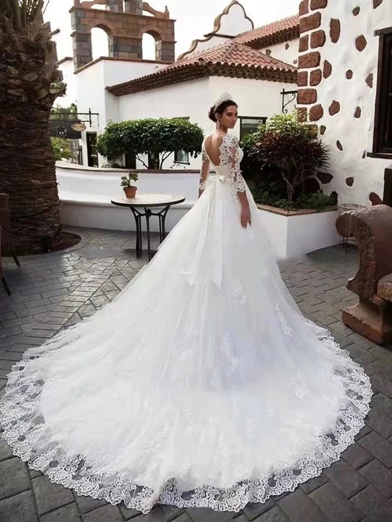 Gorgeous Tulle Jewel Neckline A-line Wedding Dress With Fully Lace Appliques Beadings Belt 3/4 Sleeves Bridal Gowns