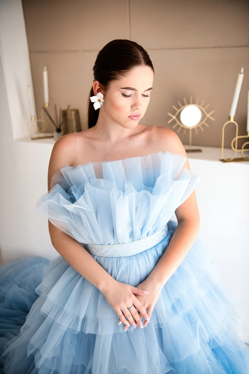 Dream Blue Layered Tulle Prom Dresses Extra Long Train Ball Gown Bridal Shower Dress Wedding Photoshoot Gown فساتين مناسبة رسمية