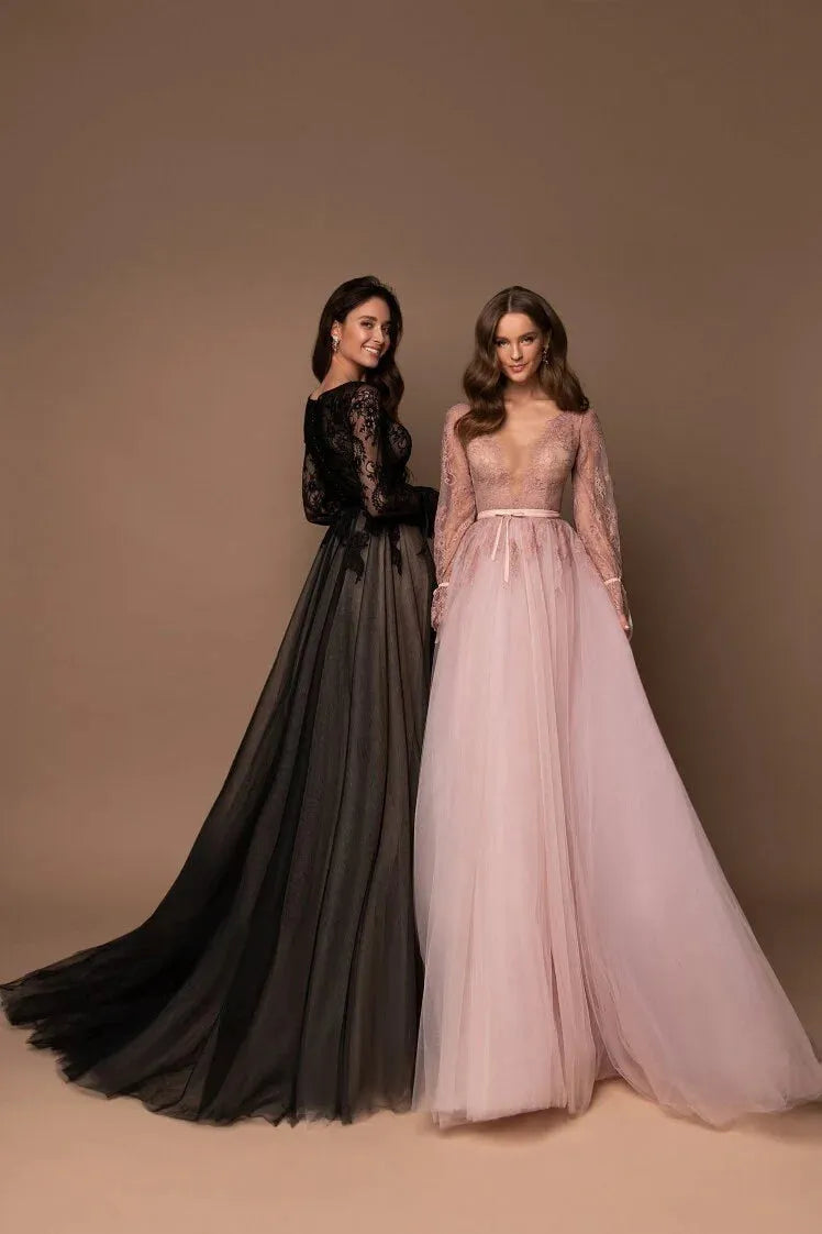 Sexy V-Neck Prom Dresses Black Tulle Party Dresses Elegant Lace Wedding Party Dresses Long Sleeve Evening Dresses Black