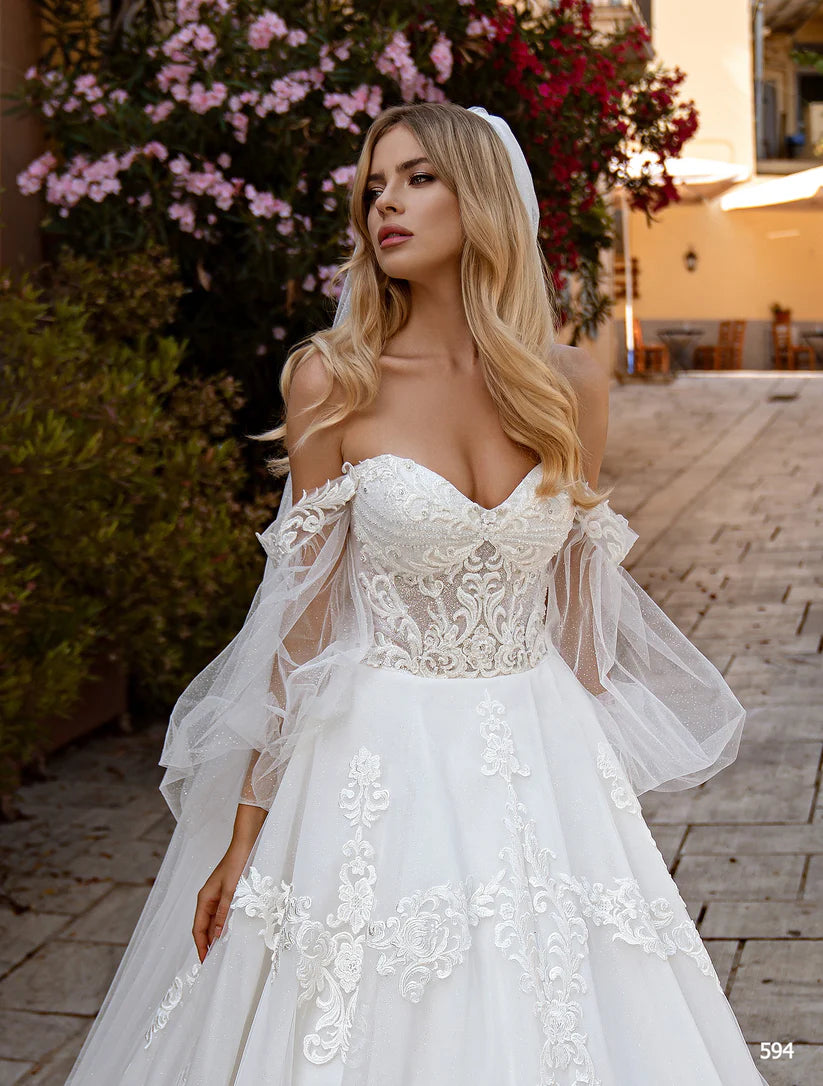 Illusion Tulle Princess Wedding Dress Puff Sleeves Off Shoulder Bridal Gown Sweetheart Appliques Lace vestidos de noiva