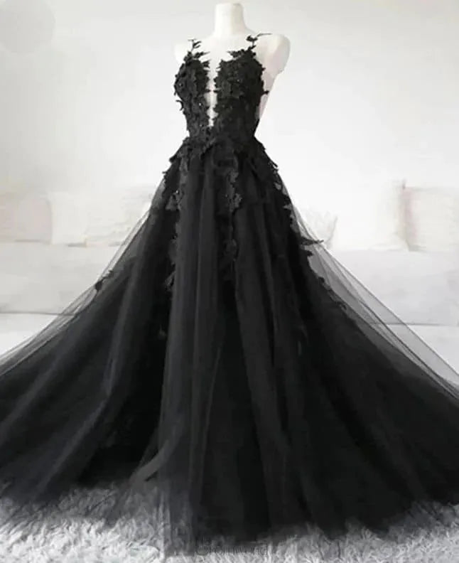 Gothic Black Lace Embroidery Tulle Prom Dress Elegant Spaghetti Strap A-line vestidos par boda Side Split Wedding Dress as pic