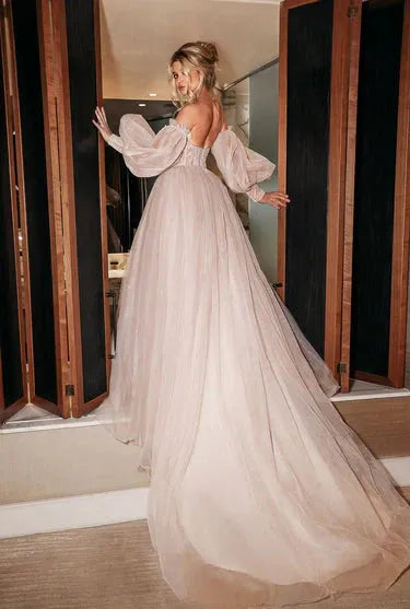 Sparky Wedding Dresses Puff Sleeve Appliques Lace off Shoulder Shiny Tulle A-Line Boho Bride Gown vestidos de novia Ivory 14w