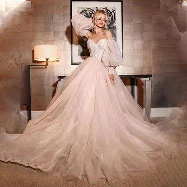 Sparky Wedding Dresses Puff Sleeve Appliques Lace off Shoulder Shiny Tulle A-Line Boho Bride Gown vestidos de novia Ivory 14w