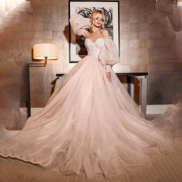 Abiti da sposa scintillanti Appliques per manica a soffio in pizzo dalla spalla Shiny Tulle A-Line Boho Bride Gown Vestidos de nolia