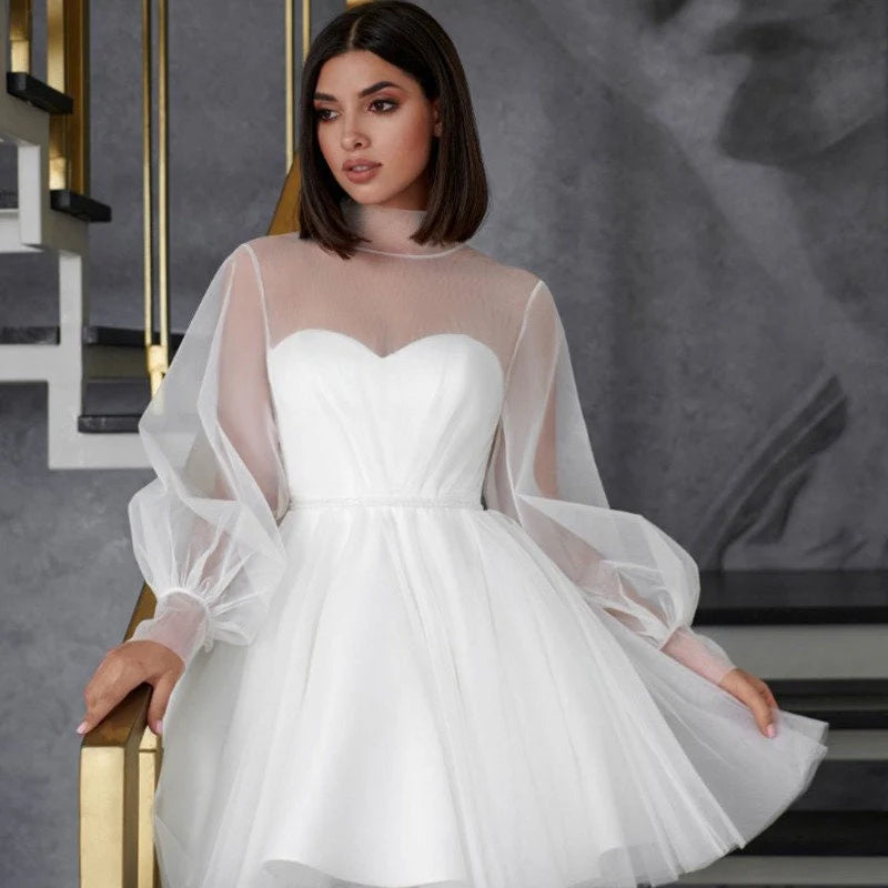 Weiße kurze Hochzeitskleider für Frauen Braut eine Linie Hochzeitskleid Langer Puffhülle Illusion Hochkragen Süße Brautkleid