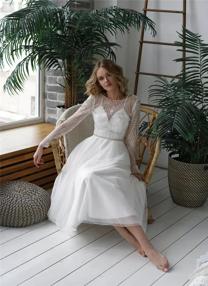 Tea-Length Wedding Dresses Short Bride Gowns Plus Size O-neck Long Sleeve Lace Beach Boho Princess Party Dress