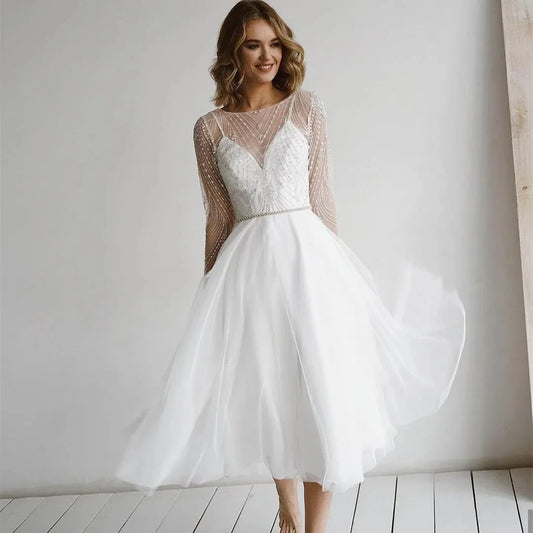 Tea-Length Wedding Dresses Short Bride Gowns Plus Size O-neck Long Sleeve Lace Beach Boho Princess Party Dress