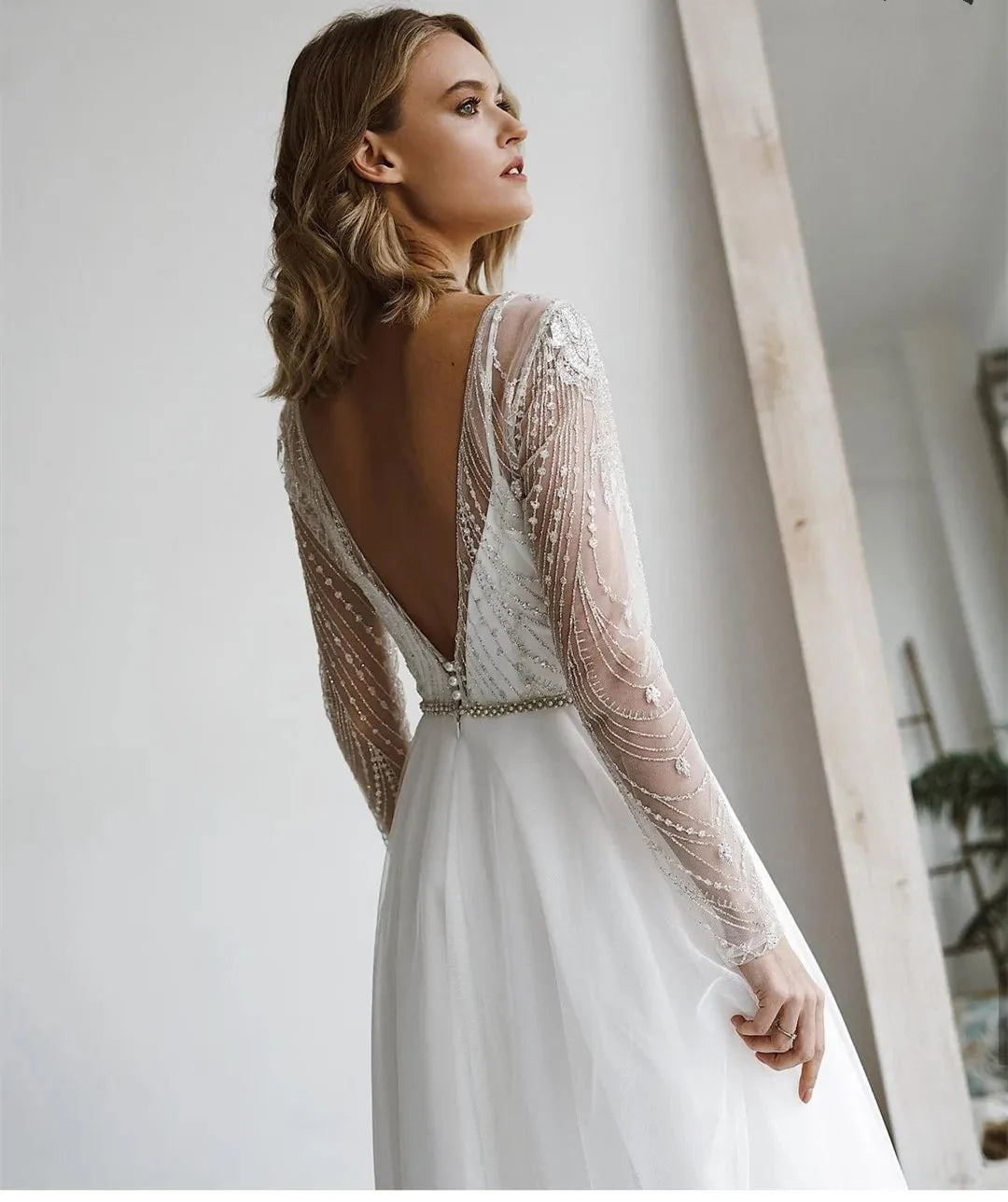 Tea-Length Wedding Dresses Short Bride Gowns Plus Size O-neck Long Sleeve Lace Beach Boho Princess Party Dress