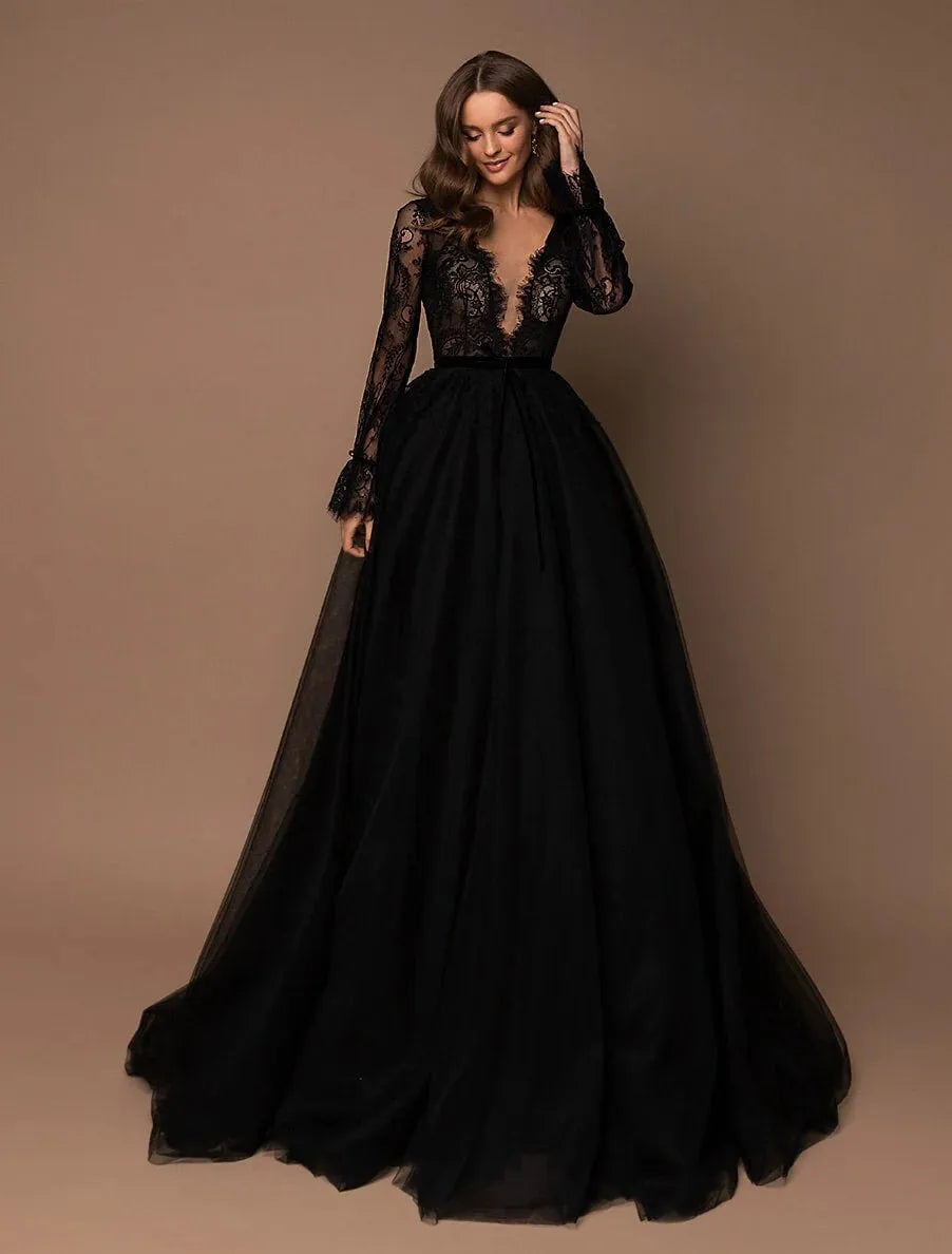Sexy V-Neck Prom Dresses Black Tulle Party Dresses Elegant Lace Wedding Party Dresses Long Sleeve Evening Dresses Black