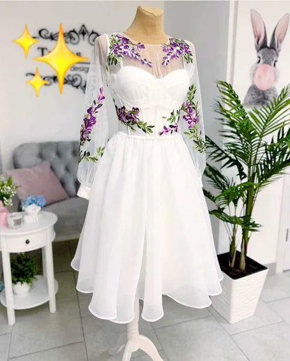 Short A-Line Wedding Dresses Embroidery Flowers O Neck Long Sleeves Bridals Evening Gowns for Women Bride Prom Dress 2023