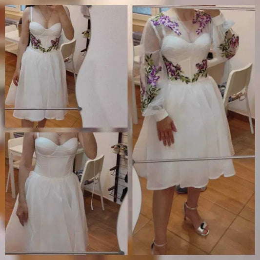 Vestidos de novia cortos de corte A, bordado de flores, cuello redondo, mangas largas, vestidos de noche para novia, vestido de graduación 2023