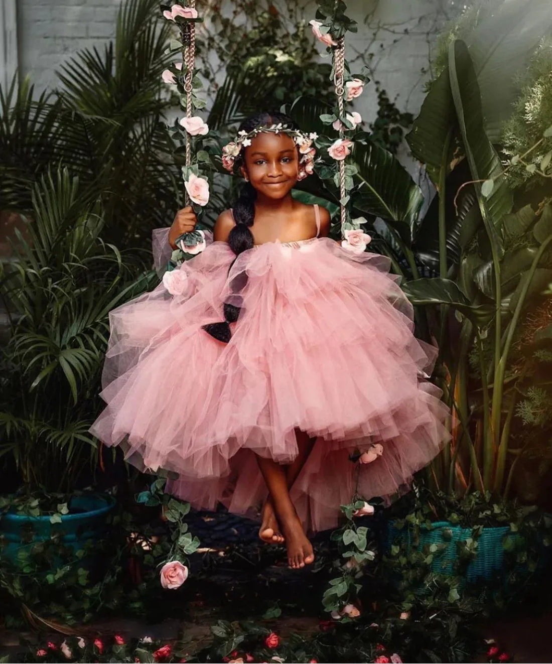 Lovely Layered Tulle Flower Girl Dresses Ball Gown Pink Puffy Baby Pageant Dress High Low Suspenders Girls Communion Dresses Pink