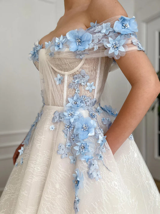 Elfenbein Abschlussballkleider mit blauer Applique florale Spitze von Schulter langer Bodenlänge Eine Linie Abendkleider formelles Partykleid