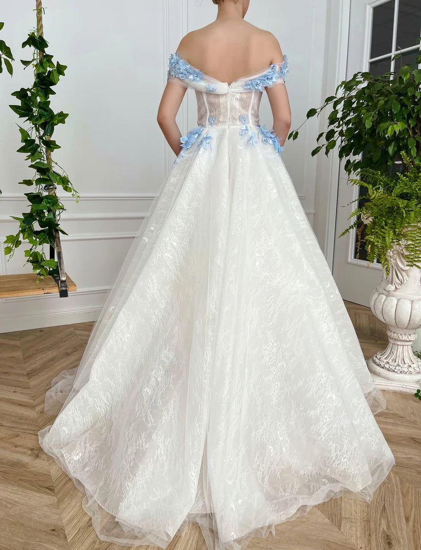 Gaun prom gading dengan renda bunga applique biru dari bahu panjang lantai panjang garis gaun malam gaun formal
