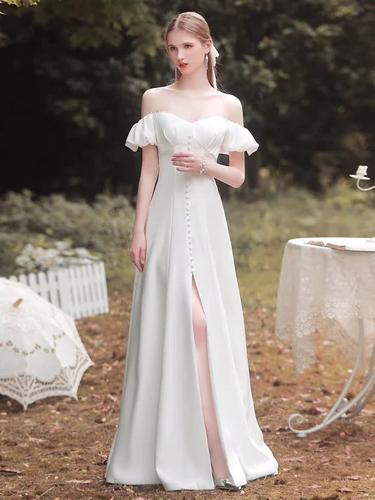 Vestido de novia de satén blanco francés con cuello barco y manga abullonada, elegante, Sexy, con abertura frontal, largo de noche, vestido Formal de fiesta para mujer