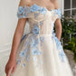 Ivory Prom Dresses with Blue Applique Floral Lace Off Shoulder Long Floor Length A Line Evening Gowns Formal Party Dress