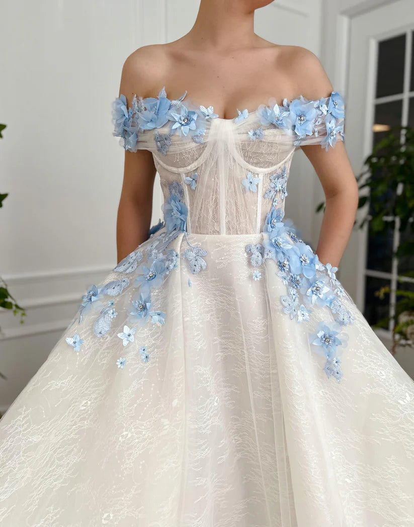 Ivory Prom Dresses with Blue Applique Floral Lace Off Shoulder Long Floor Length A Line Evening Gowns Formal Party Dress