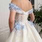 Sukienki na bal z kości słoniowej z niebieską aplikacją kwiatową koronkę z ramion długość podłogi długość linii wieczorowe suknie imprezowe