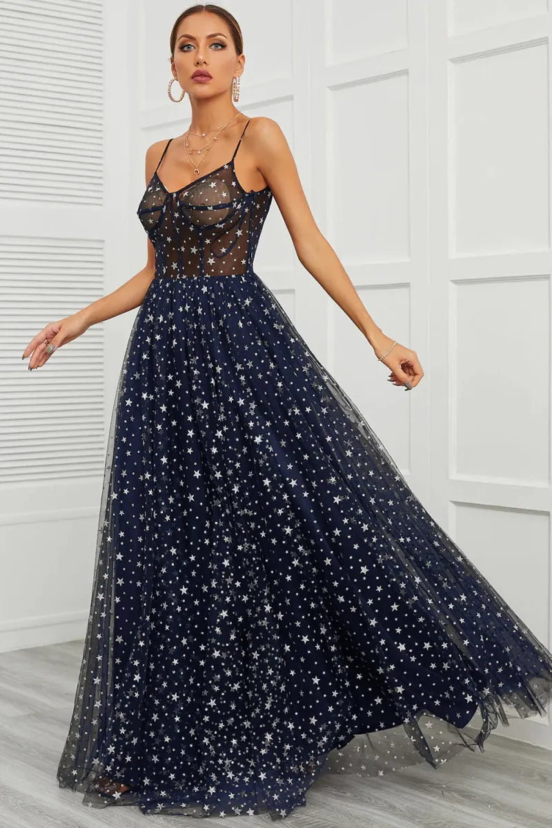 Black Spaghetti Strap Prom Dresses Star Tulle A-line vestidos de noche Elegant Sleeveless Floor-Length Formal Evening