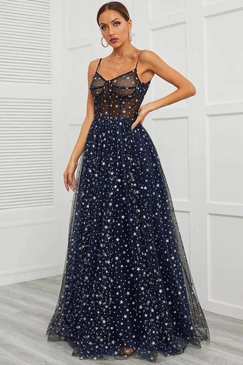 Black Spaghetti Strap Prom Dresses Star Tulle A-line vestidos de noche Elegant Sleeveless Floor-Length Formal Evening