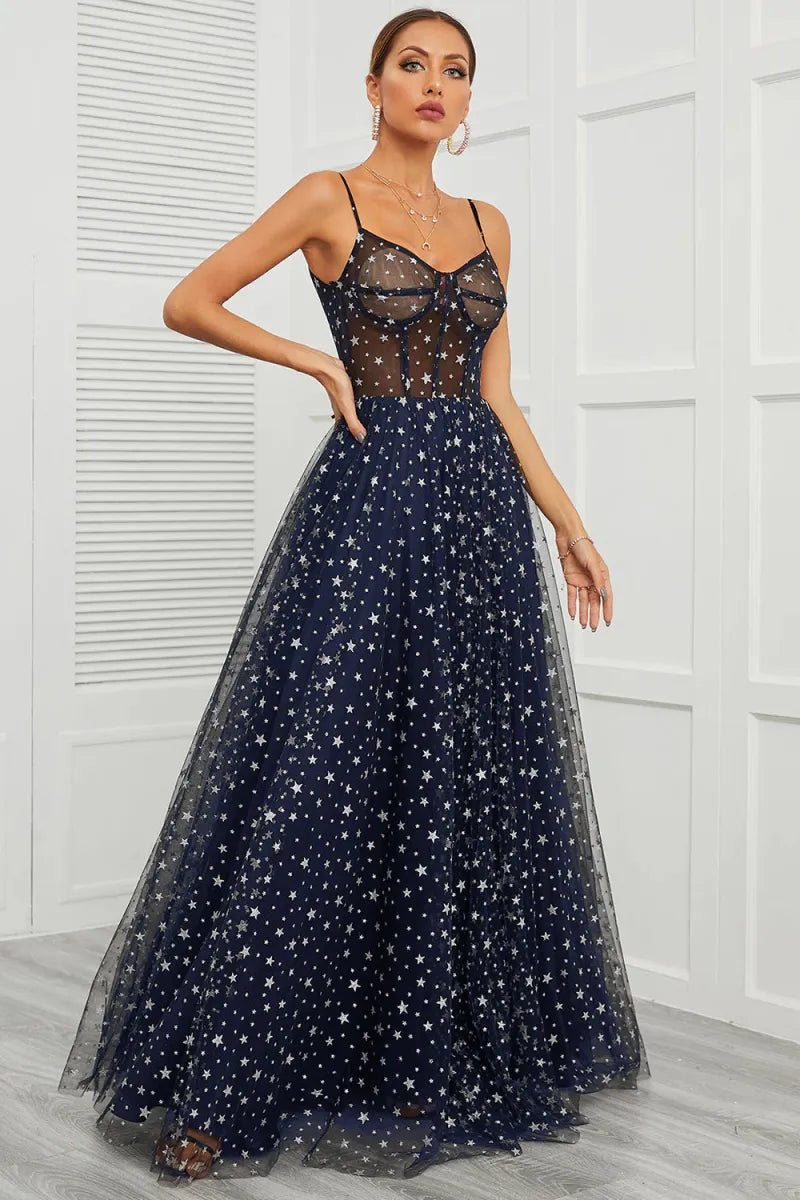 Black Spaghetti Strap Prom Dresses Star Tulle A-line vestidos de noche Elegant Sleeveless Floor-Length Formal Evening