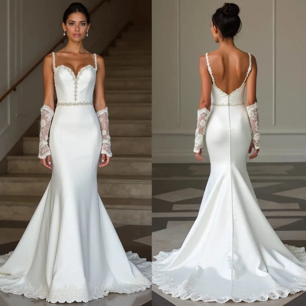 Elegant Mermaid Wedding Gown with Long Sleeves, V-Neckline New Satin Sleeveless Sleevless