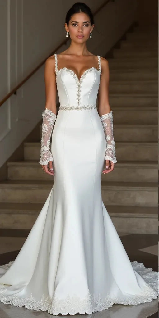 Elegant Mermaid Wedding Gown with Long Sleeves, V-Neckline New Satin Sleeveless Sleevless