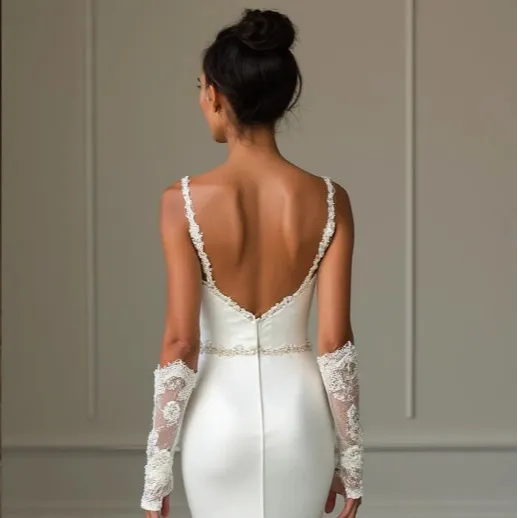 Elegant Mermaid Wedding Gown with Long Sleeves, V-Neckline New Satin Sleeveless Sleevless