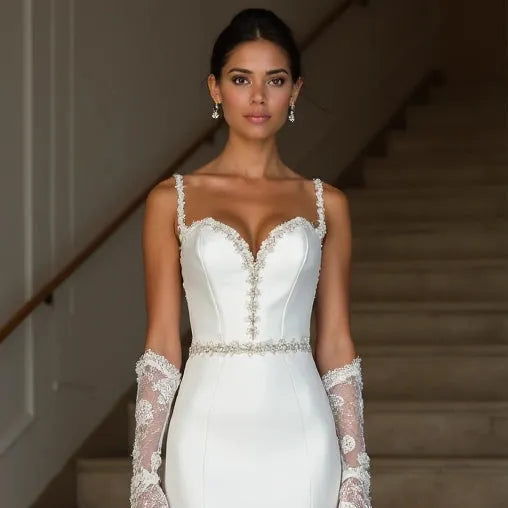 Elegant Mermaid Wedding Gown with Long Sleeves, V-Neckline New Satin Sleeveless Sleevless