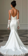 Elegant Mermaid Wedding Gown with Long Sleeves, V-Neckline New Satin Sleeveless Sleevless