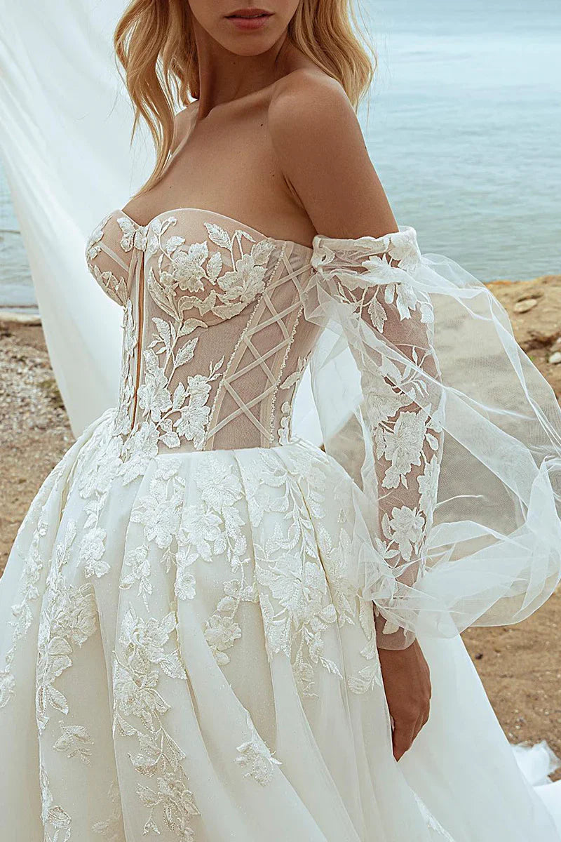 Robes de mariée princesse en Organza, manches bouffantes, avec des Appliques en dentelle croisée plissée, ligne a, dos ouvert