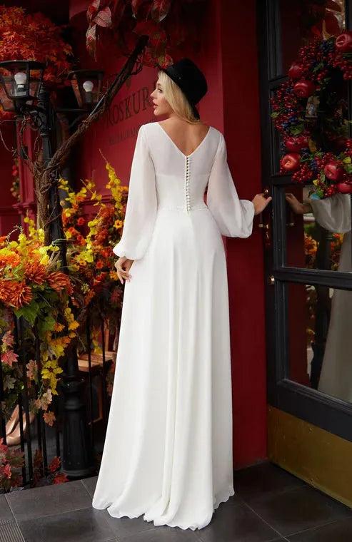 Modest V-Neck A-Line Wedding Dresses Long Puff Sleeves Chiffon Bridal Gowns Robe De Mariee 20w