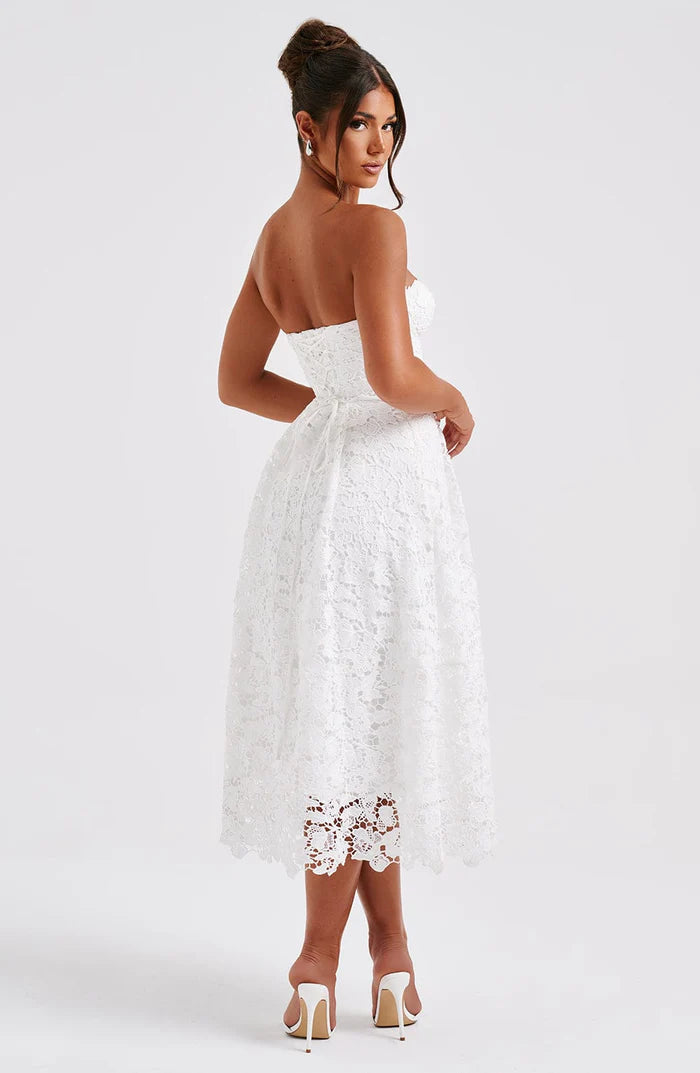 White Strapless Prom Dresses Water-soluble Lace A-line vestidos de noche Elegant Sleeveless Ankle-Length Formal Evening