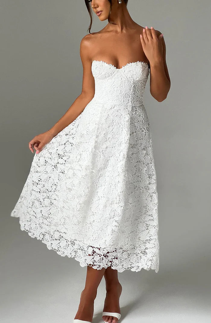 White Strapless Prom Dresses Water-soluble Lace A-line vestidos de noche Elegant Sleeveless Ankle-Length Formal Evening