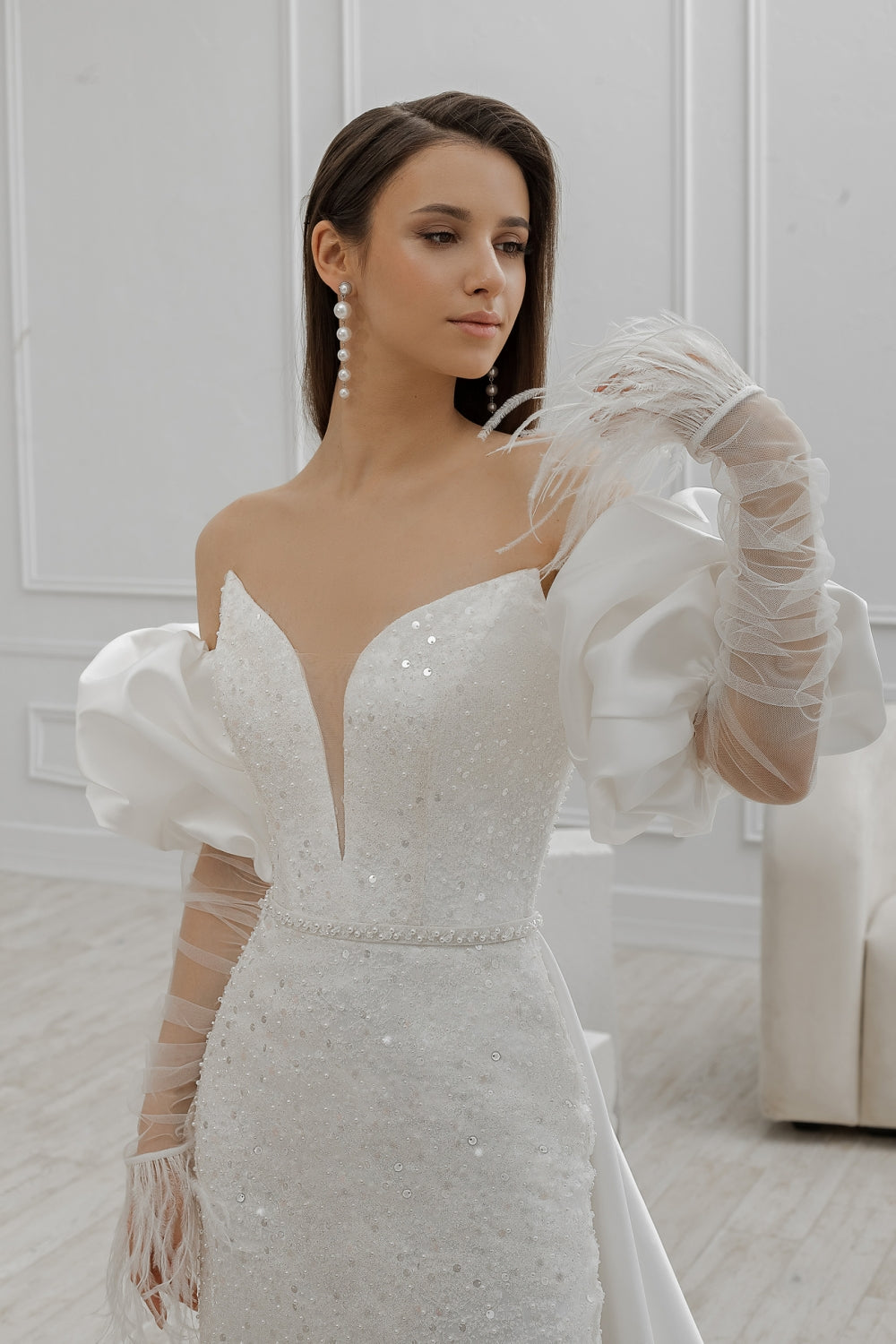 Sexy Meerjungfrau Brautkleider gegen Nackenfärbung Pailletten Bridals Partykleider Sweep Zug Puffärmel Bräute Vestidos de Novia