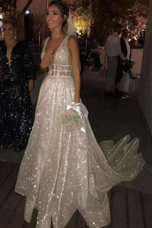 Spark-vestidos de novia bohemios, vestidos de novia de corte bajo con cuello en V y purpurina sin mangas, vestido de novia brillante de corte a, vestidos de novia 