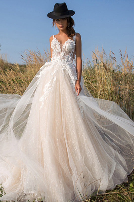 Vestido de novia de encaje color champán, apliques con cuello en V, espalda abierta, vestido de novia de talla grande, cola de corte, vestido de novia de tul Vintage 2020