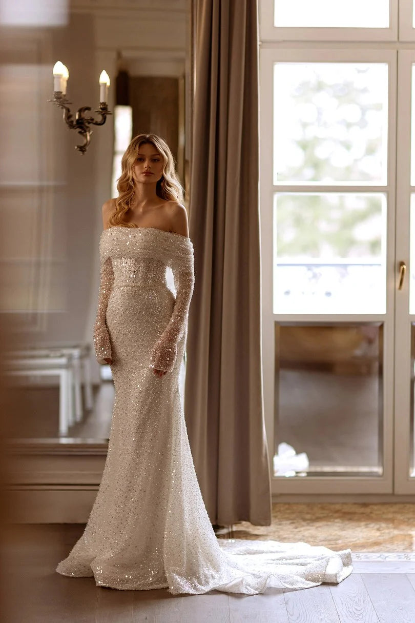 Wunderschöne Pailletten Meerjungfrau Brautkleider Vestido de Novia Shiny Sweetheart Braut Kleid Langarm Mädchen Hochzeitskleider