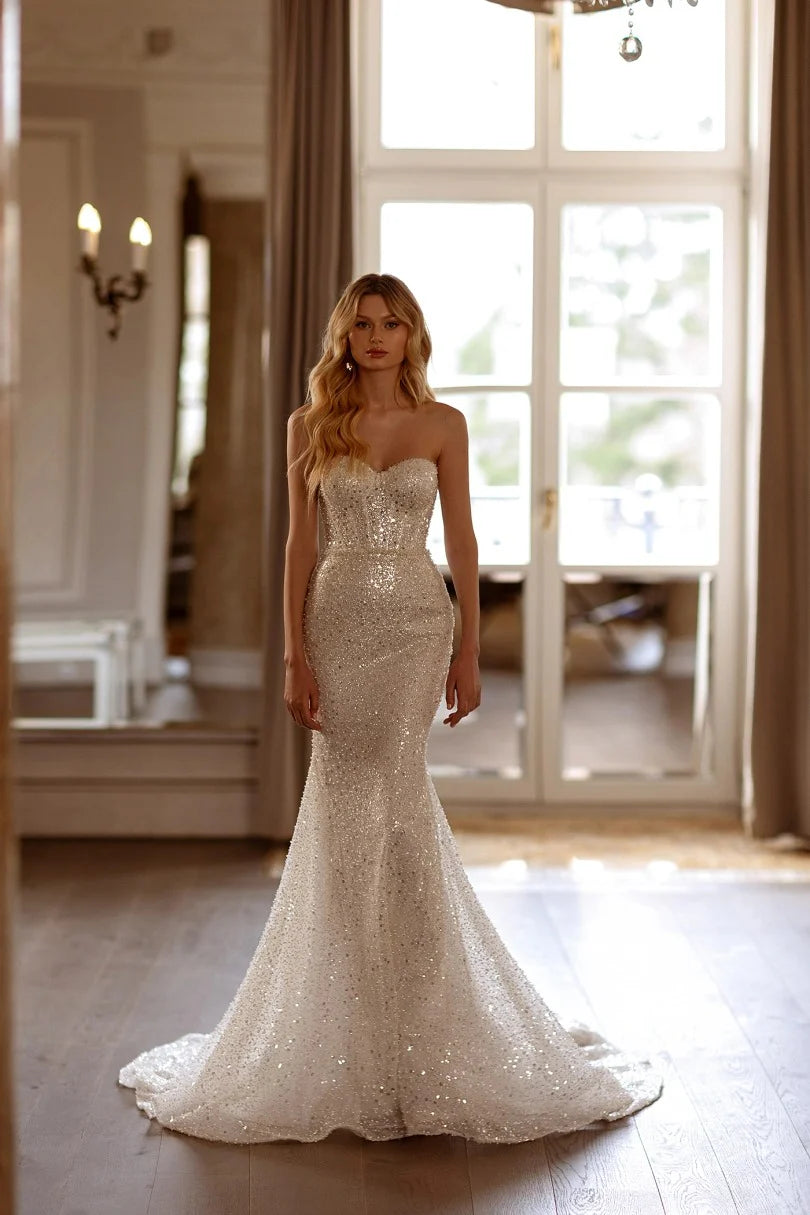 Wunderschöne Pailletten Meerjungfrau Brautkleider Vestido de Novia Shiny Sweetheart Braut Kleid Langarm Mädchen Hochzeitskleider