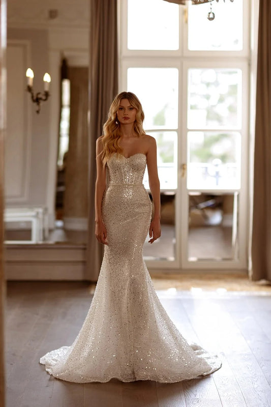 Preciosos vestidos de novia de sirena con lentejuelas, Vestido de novia brillante con escote en forma de corazón, vestidos de novia de manga larga para niña 